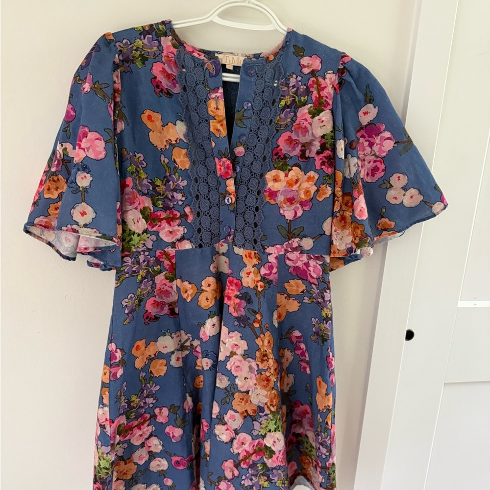 Bytimo blue floral dress with flutter sleeves size S - Picture 5 of 7